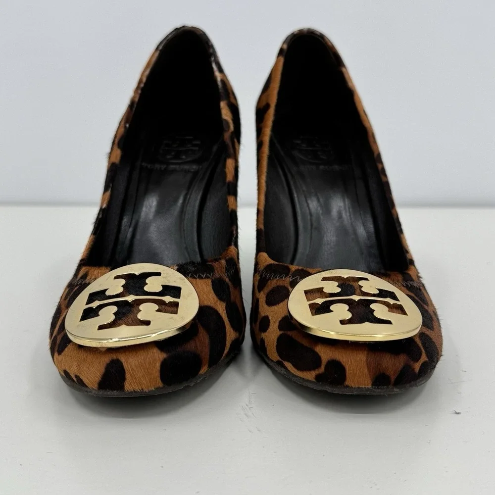 TORY BURCH Leopard Pony Hair / Gold Logo High Wedge Heel Sz 6.5